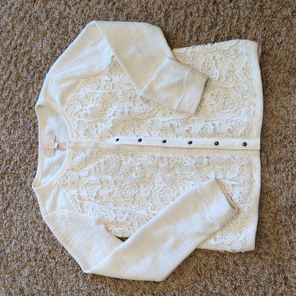 Skies are Blue cream crochet mixed media cardigan jacket snap front medium